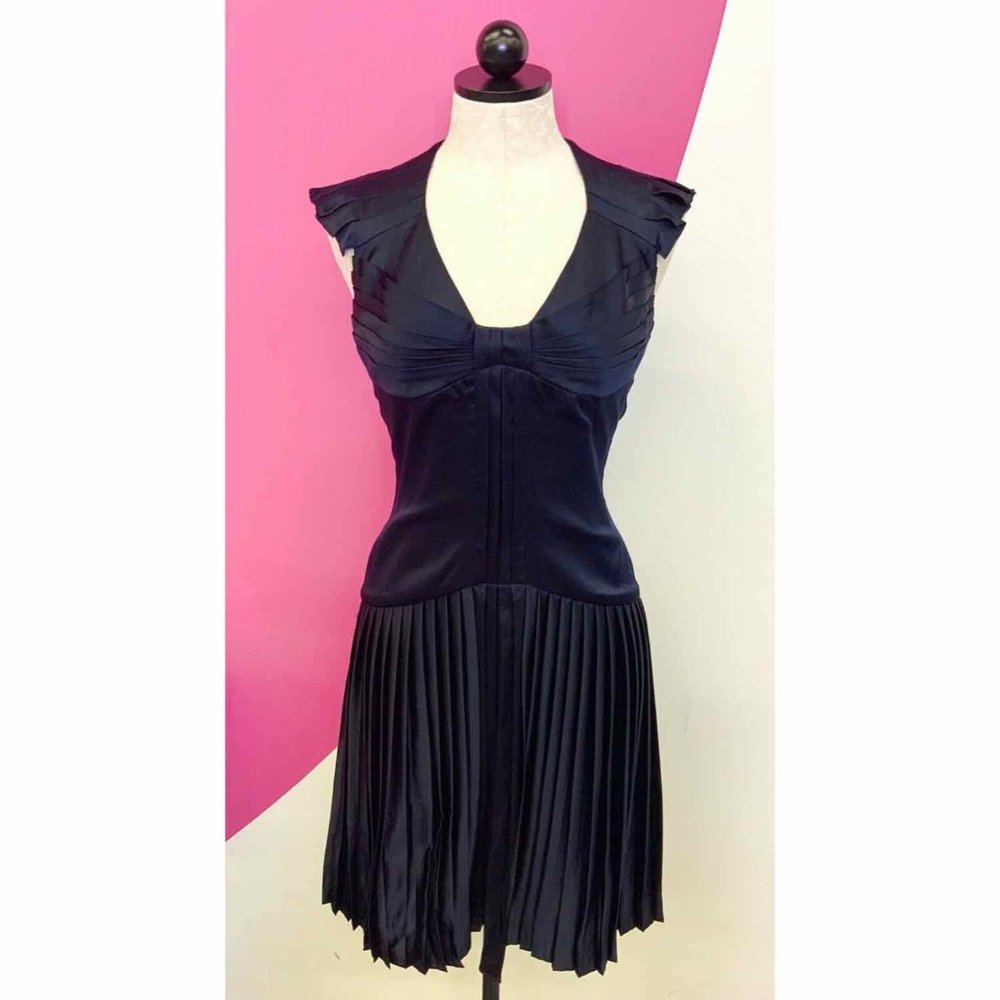 ZAC POSEN Luxe Silk Navy Pleated Deco Flapper Ruffle Party Dress Ladies 6 Small